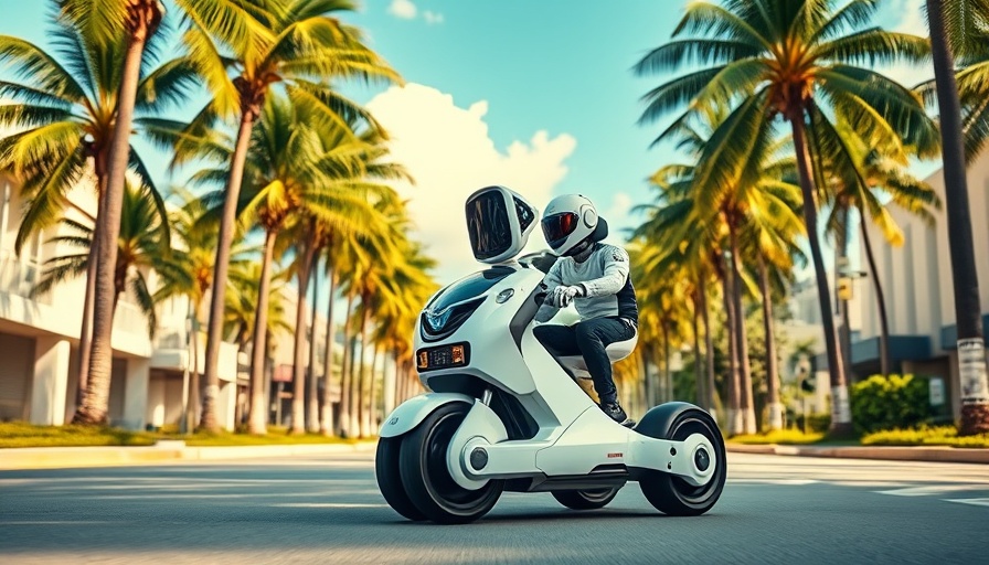 Robot food delivery in Miami, vibrant street scene.