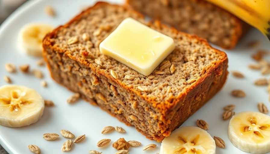 Close-up of oat flour banana bread with bananas and oats.