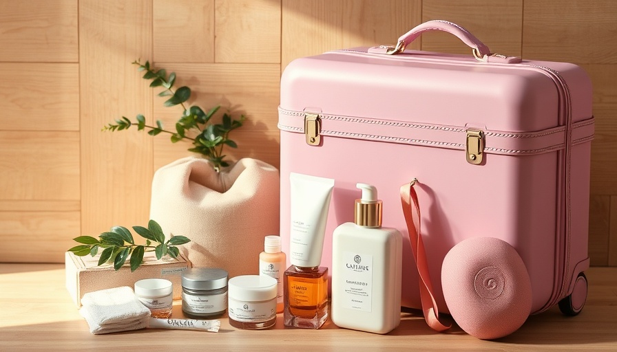 Travel wellness must-haves: pink suitcase, accessories, and essentials.