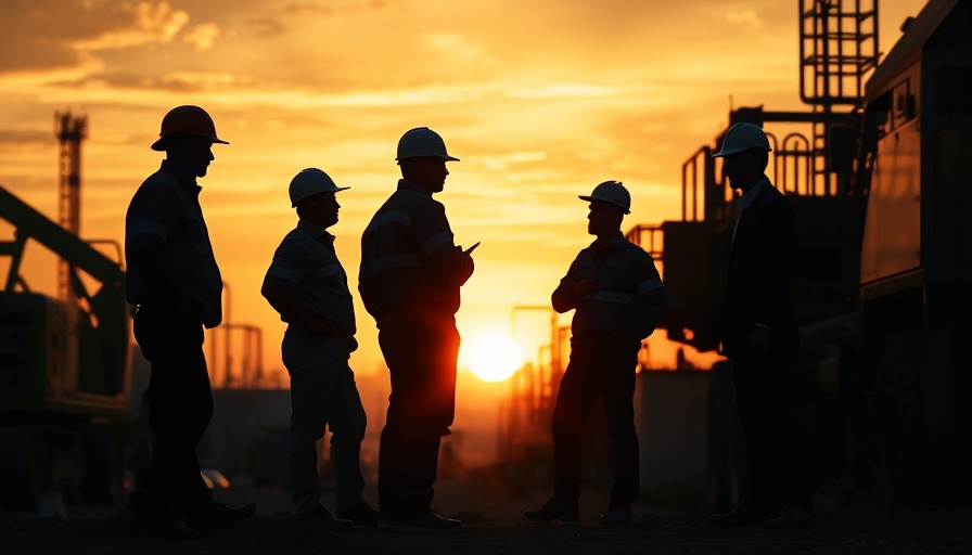 Silhouetted workers at construction site, evening sky