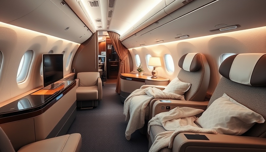 Luxurious first-class airplane cabin with elegant seating.