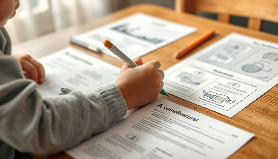 Child studying homeschool curriculum, hands writing on worksheets.