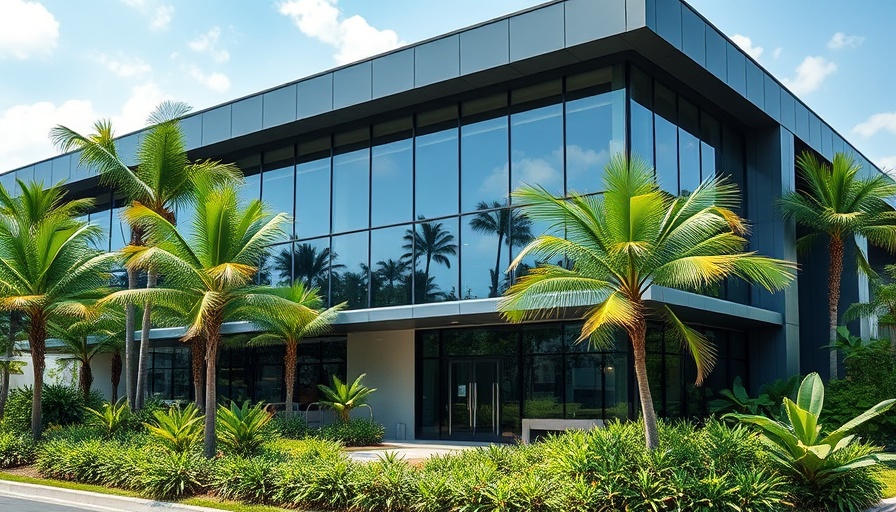 Modern Boca Raton office building, sleek design, lush surroundings.