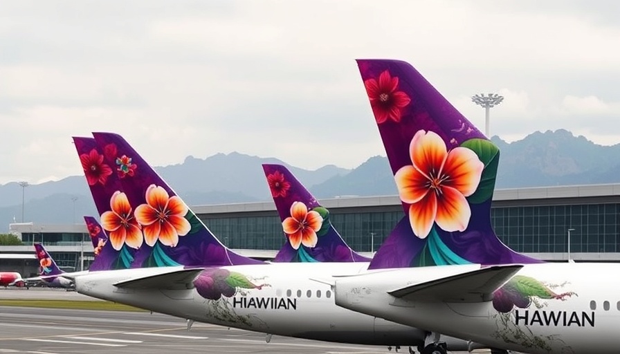 Hawaiian airline plane tails at Daniel K. Inouye Airport, overcast.