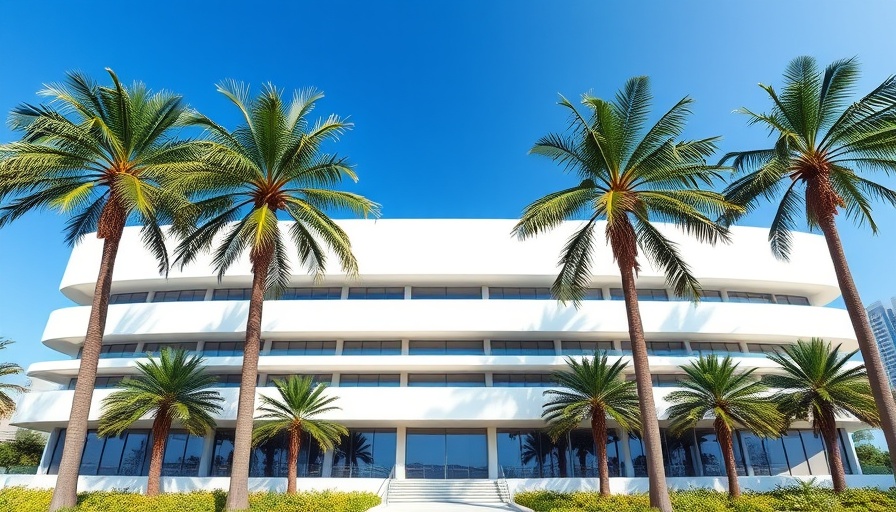 Modern office building in Boca Raton with palm trees.