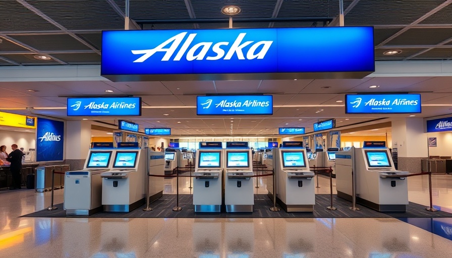 Alaska Airlines check-in kiosks promoting new loyalty program.