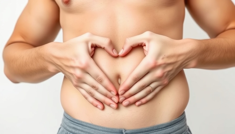 Young adult holding stomach in heart shape, colorectal cancer awareness.