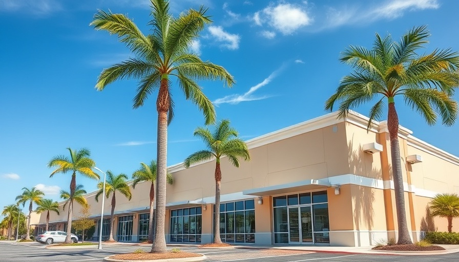 Modern commercial building in West Palm Beach with palm trees.