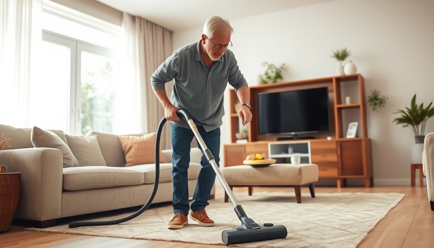 Man vacuuming floor in sunlit room, illustrating how household chores reduce heart attack risk.