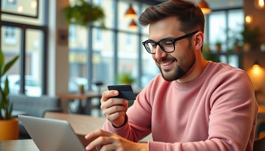 Man at cafe with credit card and laptop considering credit card options.