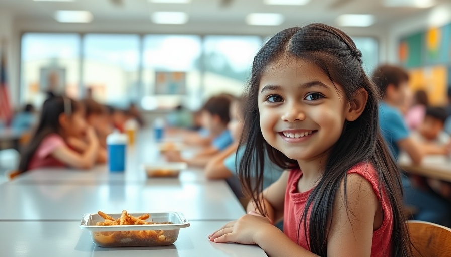 Child smiling in school cafeteria, showcasing school lunch atmosphere.