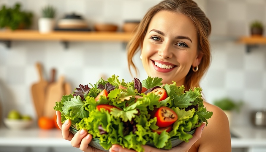 Woman holding a salad in a kitchen, supportive of a parasite cleanse diet.