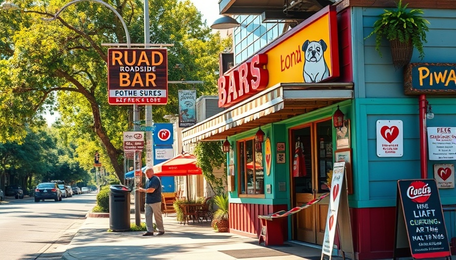 Florida bar with dog-themed signs under sunny sky
