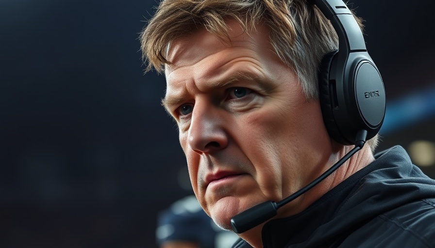 Coach in headset showing determination with dark background.
