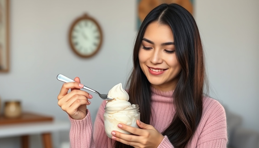 Young woman enjoys homemade protein ice cream at home.