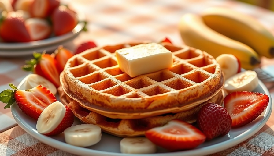 Strawberry banana cottage cheese waffles served with butter.
