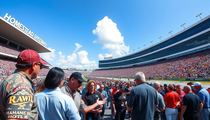 Dynamic scene at Homestead Miami Speedway rent dispute, crowd discussing.