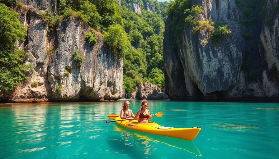 Scenic lagoon adventure with kayaking near limestone cliffs, vibrant and serene.