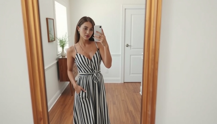 Woman in striped sundress taking a selfie indoors for weekly celebration highlights.