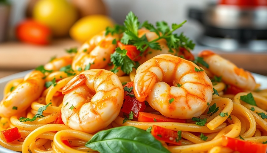 Tasty air fryer shrimp and veggies stir-fry with pasta.