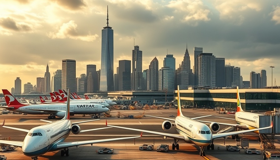 Newark Airport runway with planes and NYC skyline, delays context.