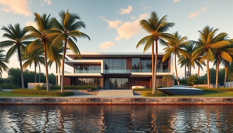 Miami Beach mansion beside waterfront with palm trees.