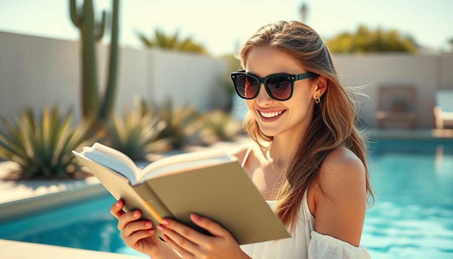 Young woman reading by pool with sunglasses, desert plants.