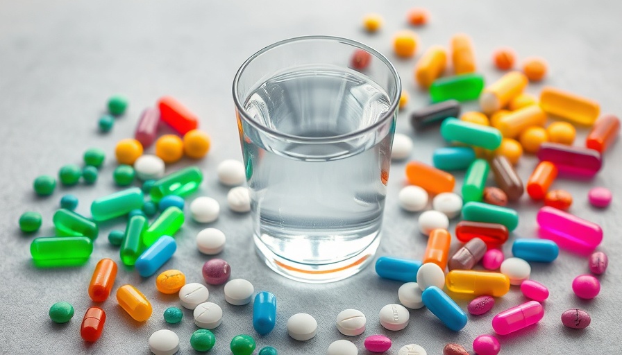 Colorful supplements encircling a glass of water; potential liver harm concept.