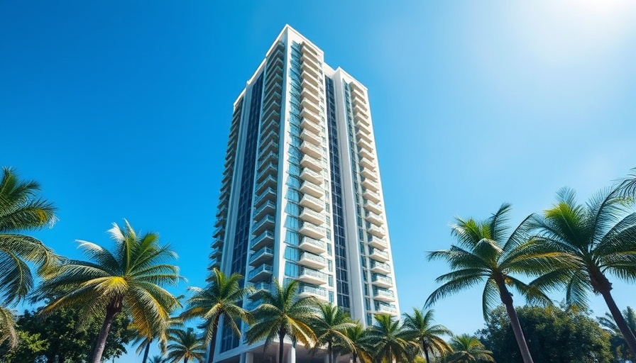 Modern Coconut Grove condominium, high-rise building in urban setting.