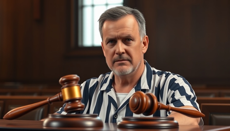 Mature man in prison attire next to a gavel, highlighting legal theme.