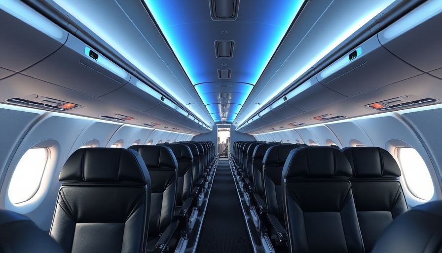 Modern airplane cabin with empty seats, bright lighting.