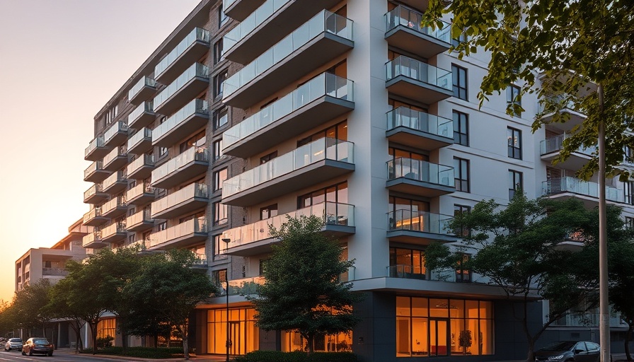 Affordable housing project Miami-Dade, modern building exterior, sunset lighting.