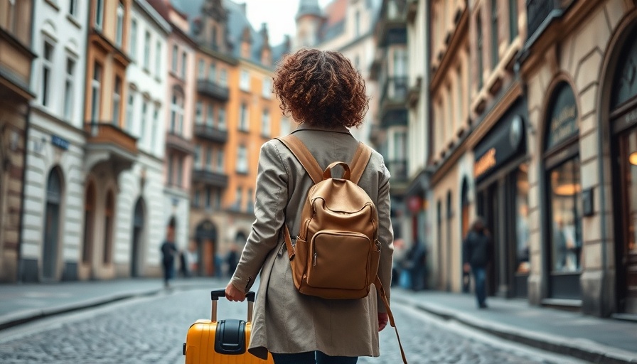 Woman traveling with suitcase in historic European city street