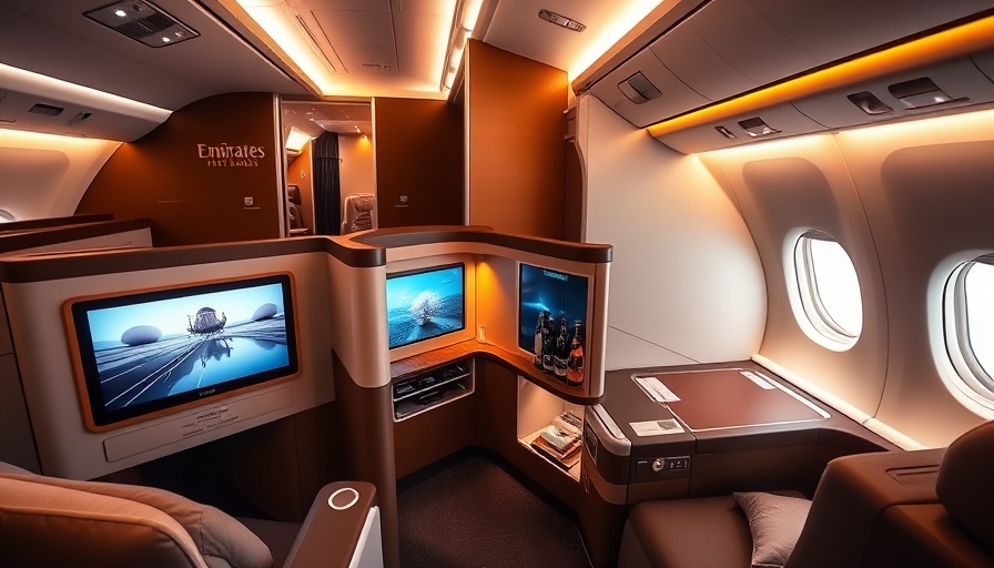 Emirates first-class cabin showcasing elegant amenities and comfort.