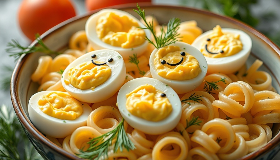 Deviled Egg Pasta Salad with peas and dill in a bowl.