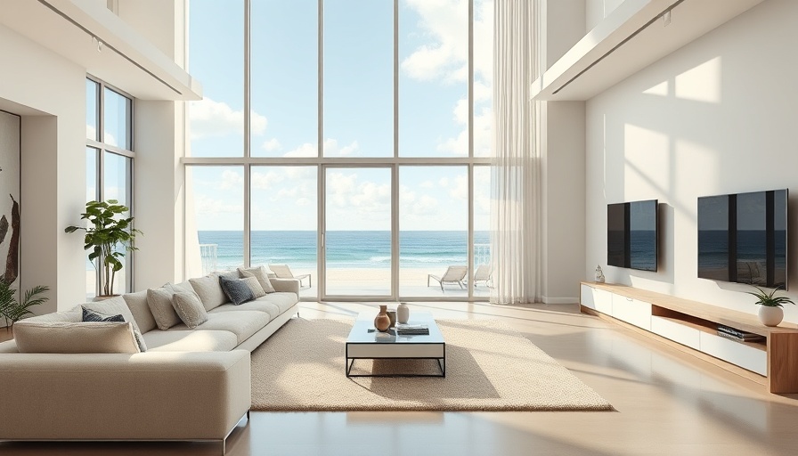Luxurious modern condo living room with ocean view.