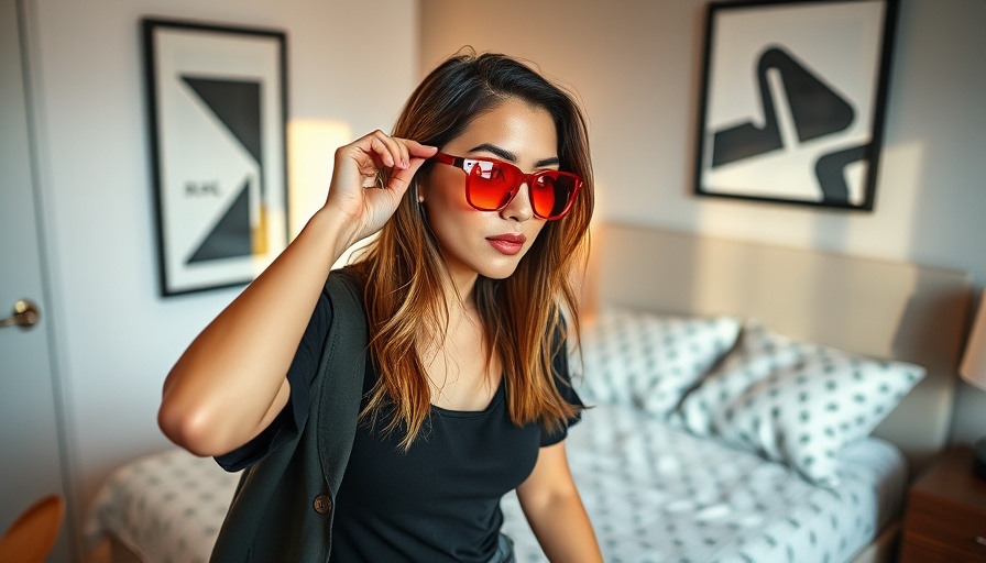 Stylish woman with red tinted glasses examining best blue light blocking glasses in cozy bedroom.