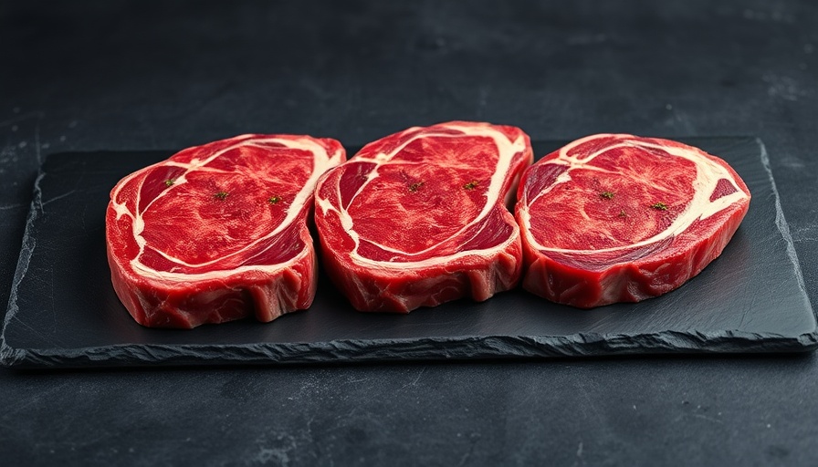 Fine marbled steaks on slate board.