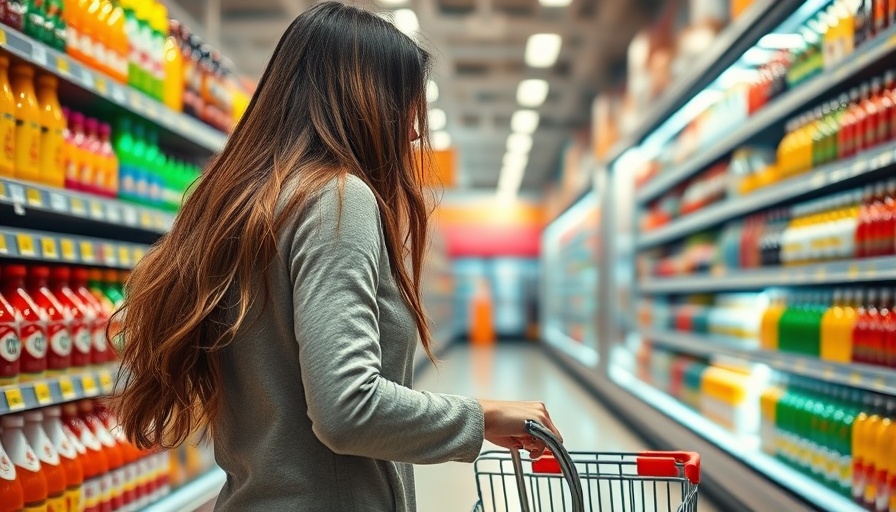 Woman shopping at a new grocery store in Miami, colorful aisle.