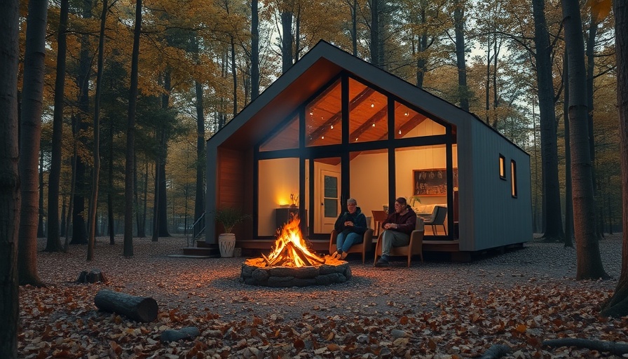 Modern cabin in forest with campfire - Marriott Bonvoy Postcard Cabins.
