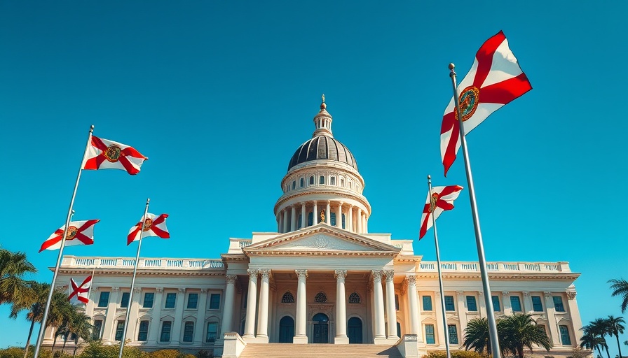 Florida Capitol building with flags, symbolizing budget impasse under blue sky.
