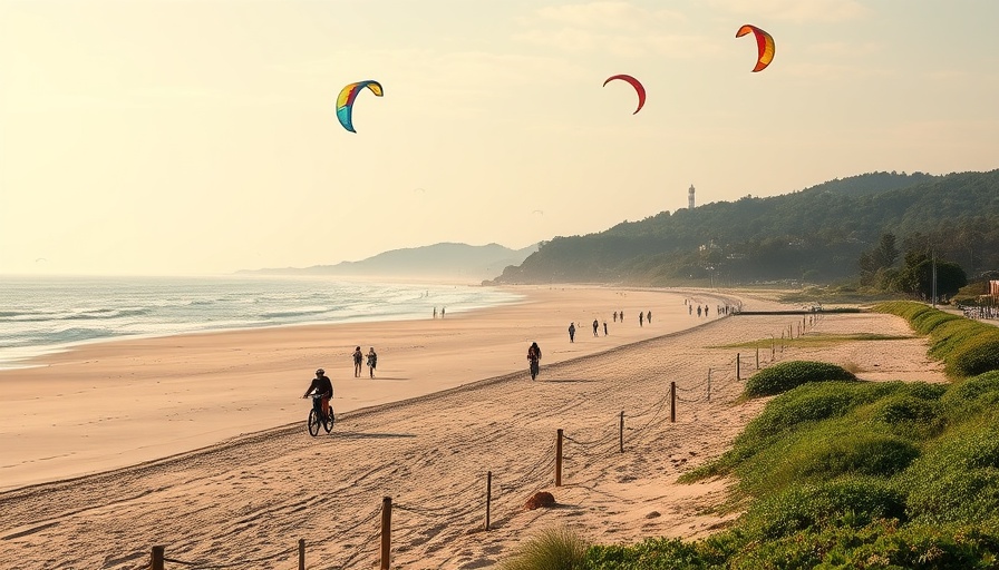 Cyclists on a sunny beach, summer travel checklist scenery.
