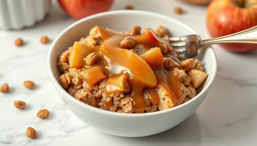 Baked Apple Oatmeal with Peanut Butter Caramel Sauce in bowl.