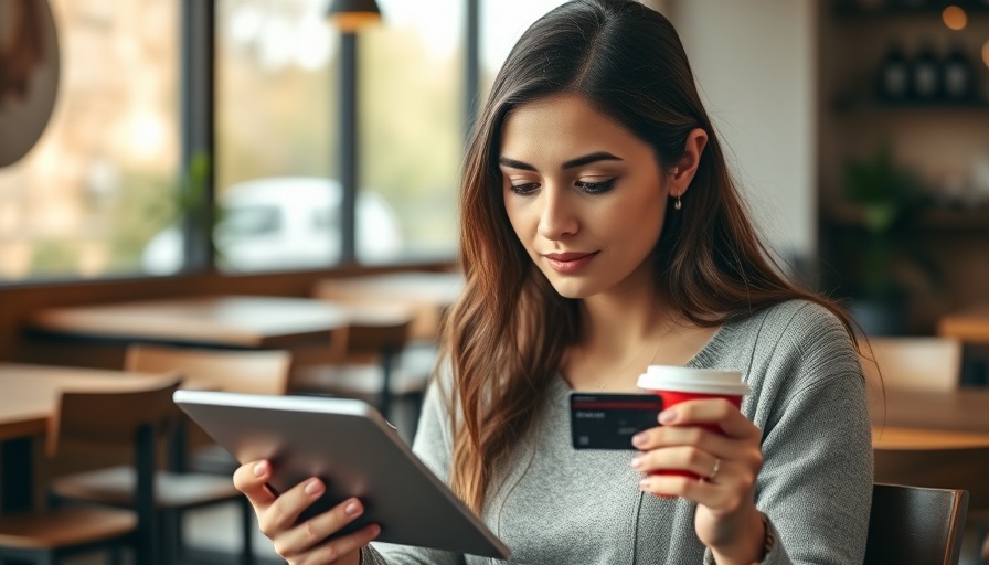Woman in cafe using tablet with credit card.