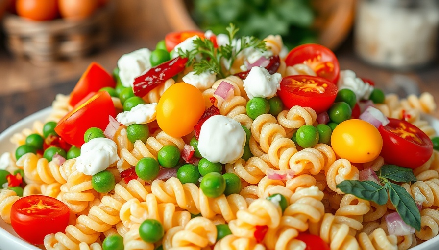 Cottage Cheese Roasted Red Pepper Pasta Salad with peas and tomatoes.