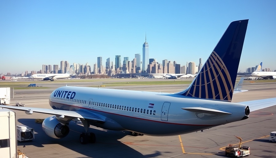 United Airlines plane at Newark airport with NYC skyline.