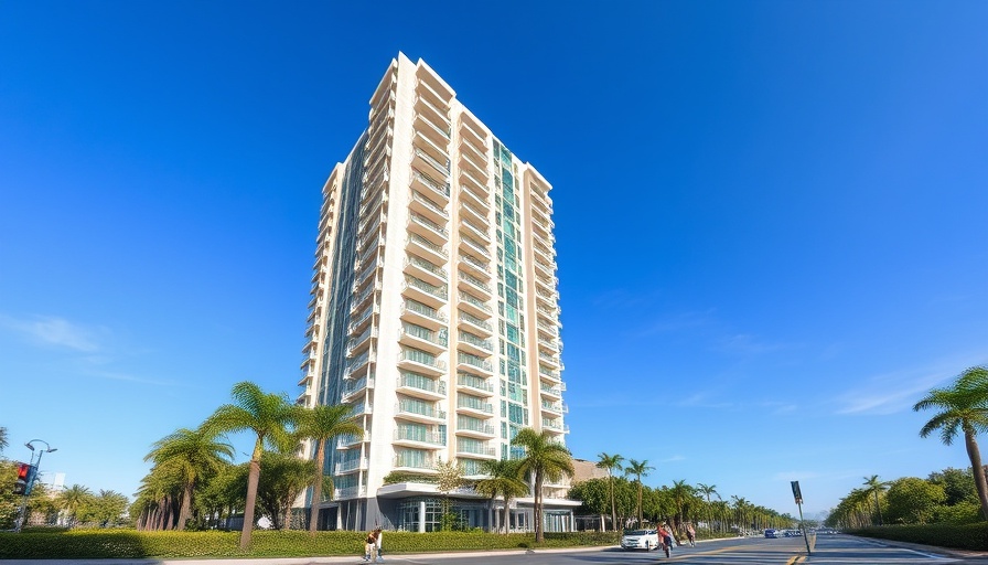 Modern condominium in Coconut Grove with lush greenery.