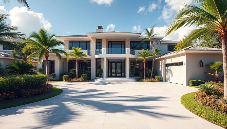 Luxurious Boca Raton mansion with tropical landscaping, photorealistic.