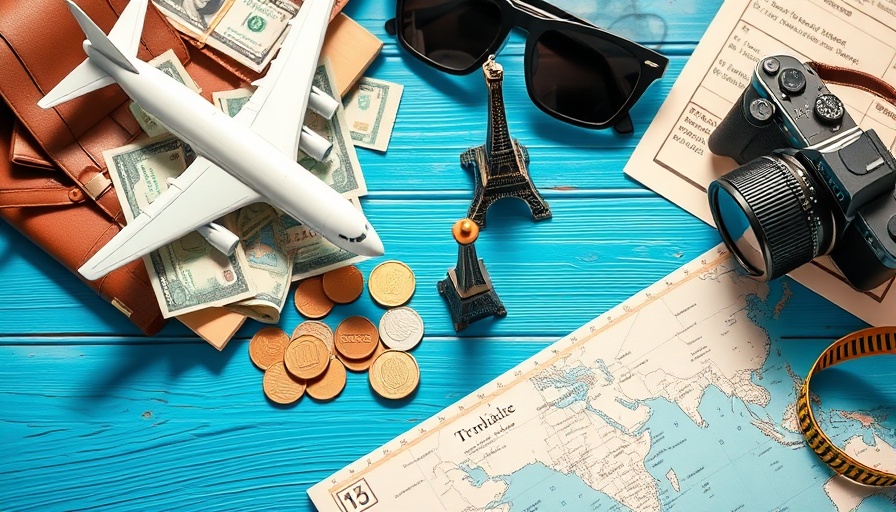 Travel items on blue wood surface, representing Americans traveling.