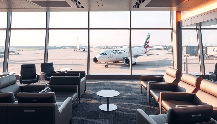 Luxurious airport lounge interior with view of parked airplane.